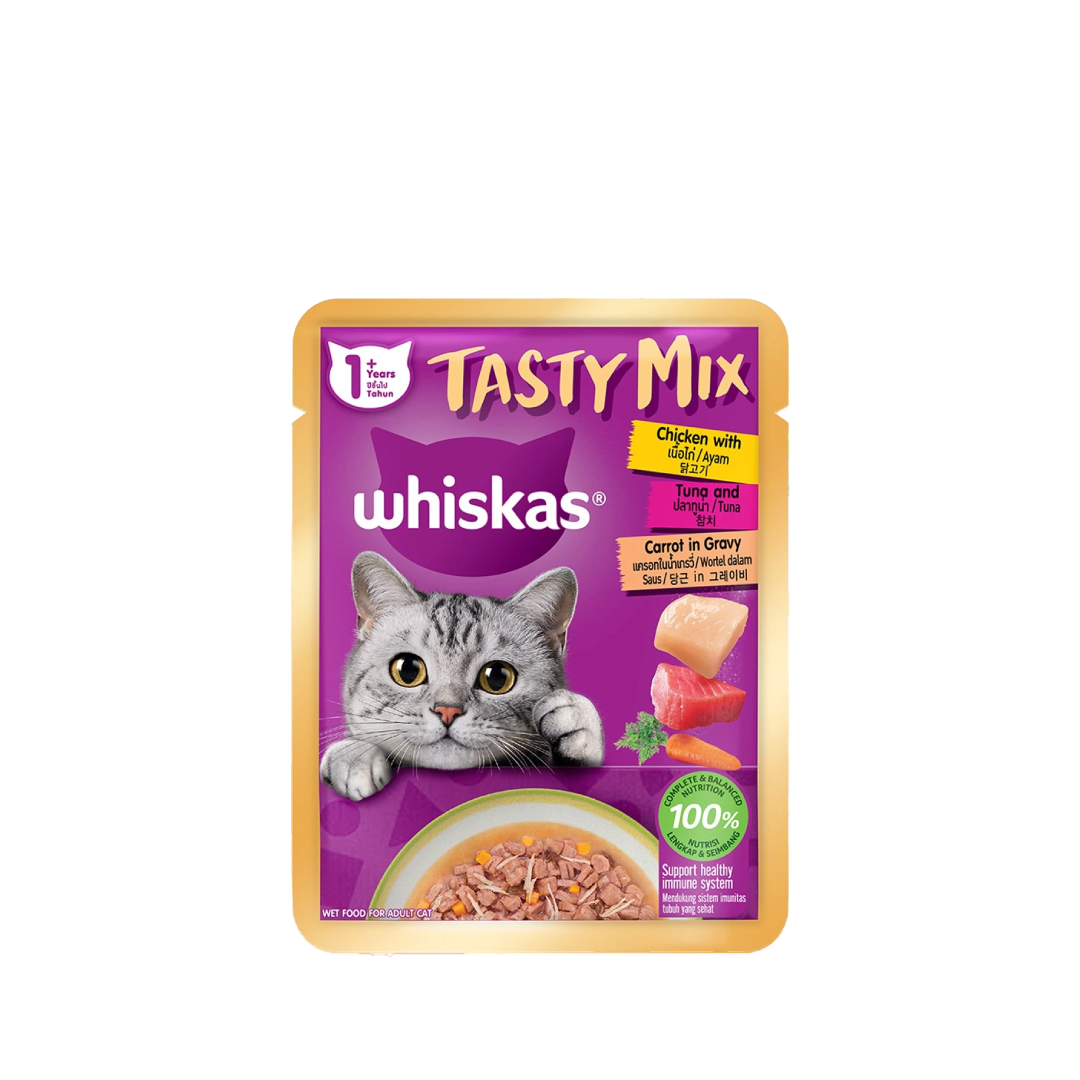 W/K Tasty Mix T04 เนื้อไก่+ปลาทูน่าและแครอทในน้ำเกรวี่ 70g. (สีเหลือง)