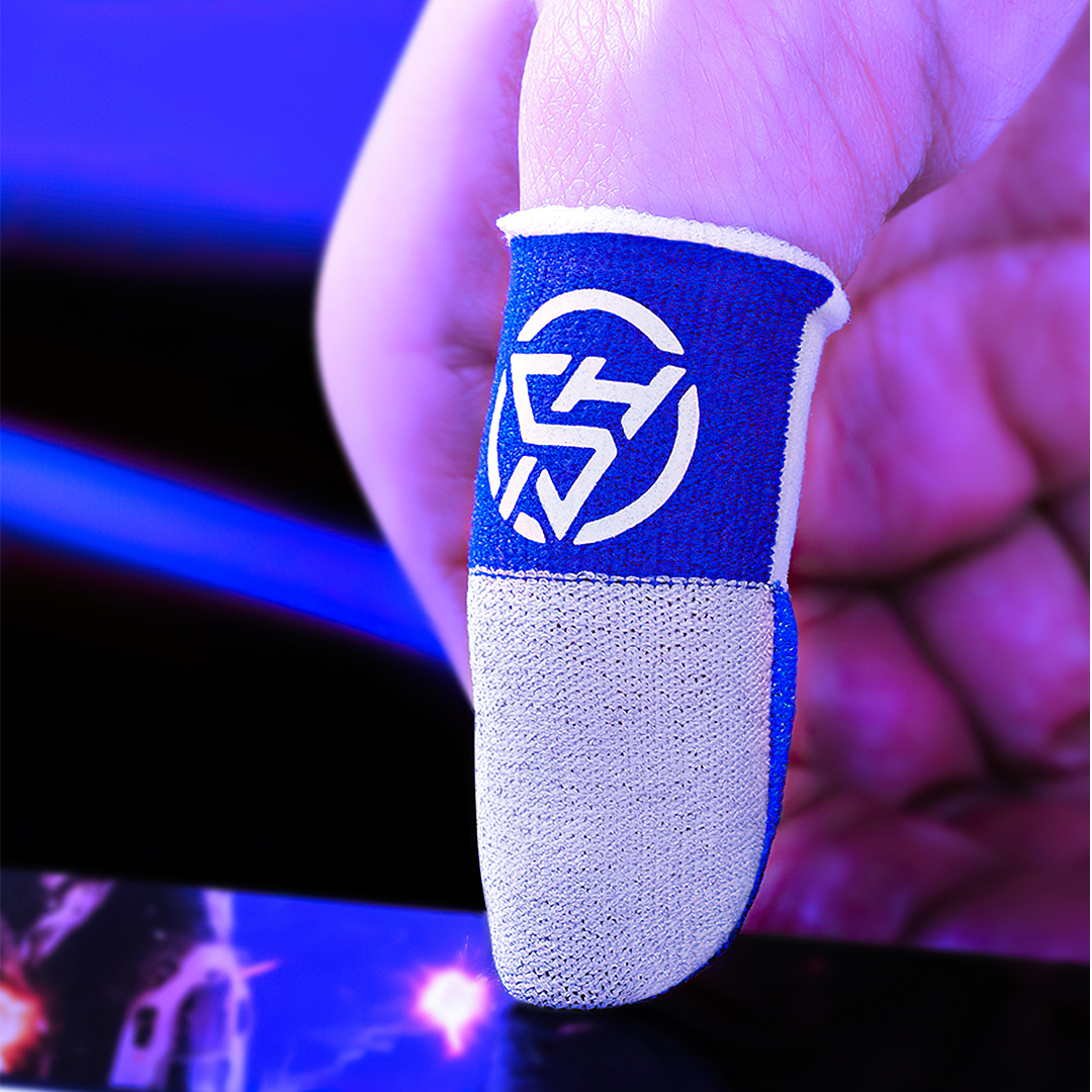 GAME FINGER SLEEVE ถุงนิ้วเล่นเกมมือถือ 1คู่ เล่นได้ทุกเกม (GFS เส้นใยเงิน Logo เรืองแสง แบบสลับสี)