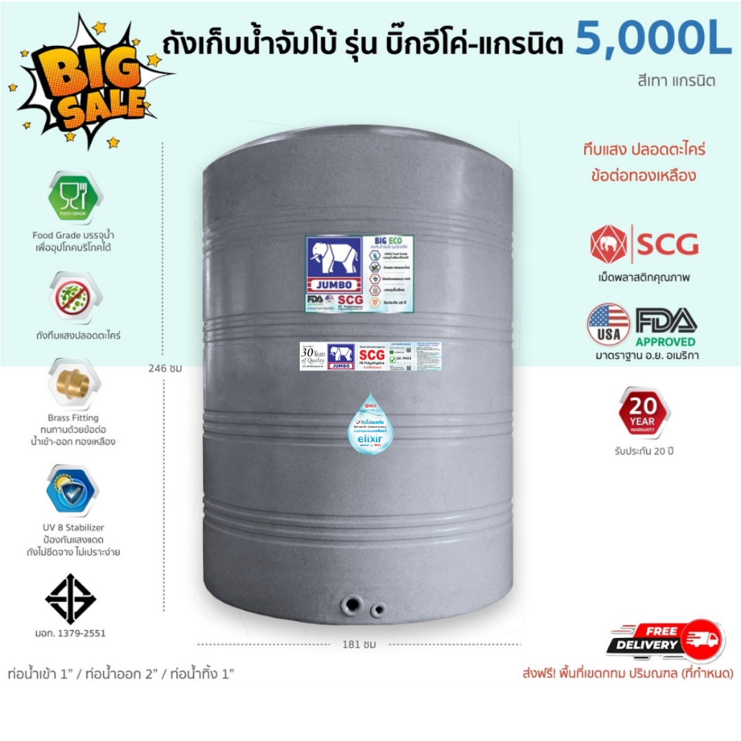 ถังเก็บน้ำบนดิน รุ่นบิ๊กอีโค่ (Big-Eco) 5000ลิตร ทึบแสงปลอดตะไคร่ ส่งฟรี กทม/ปริมณฑล รับประกันศูนย์ ถูกกว่าห้าง