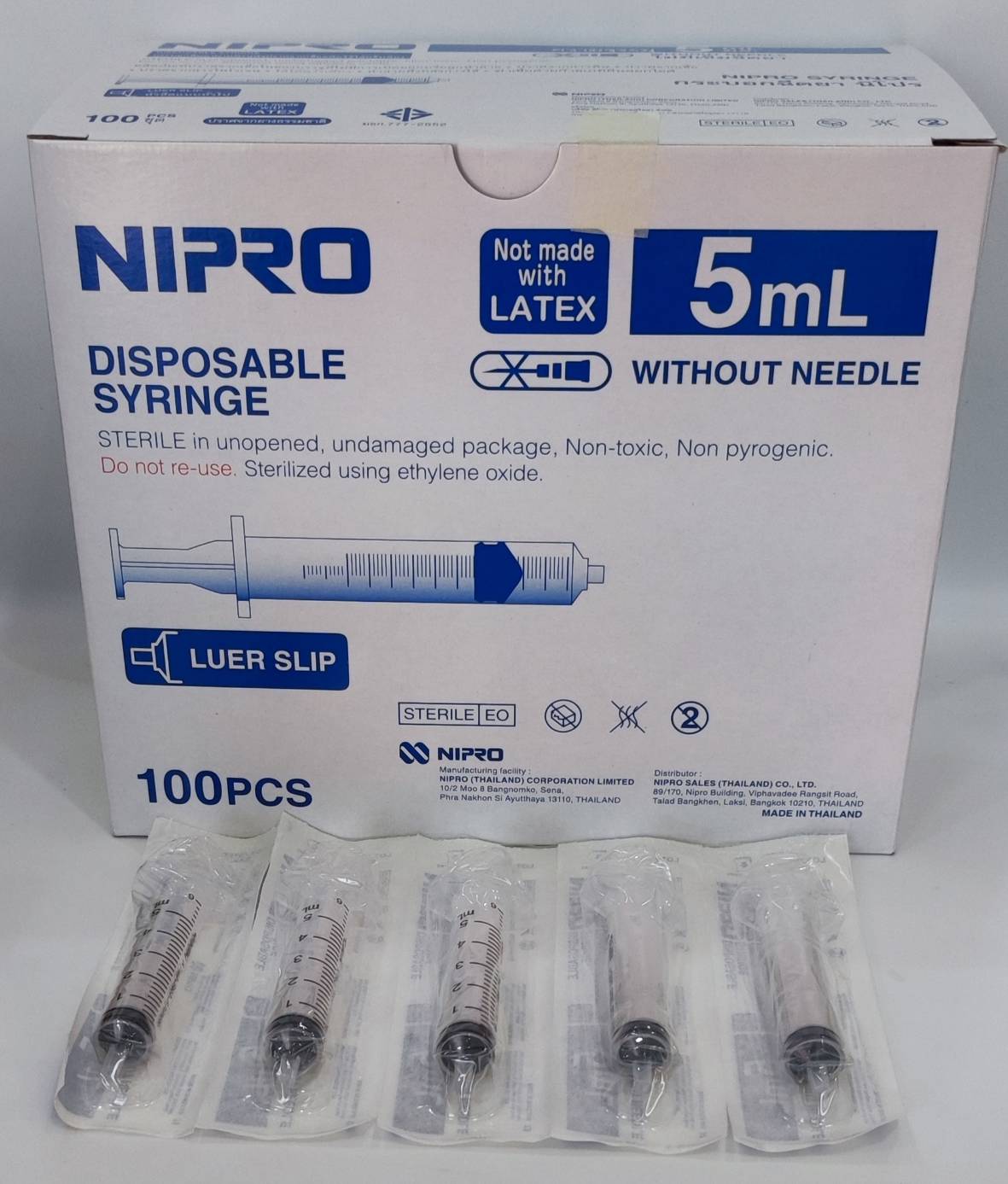 กระบอกฉีดยา 5 ml Disposable Syringe, Luer Slip "NIPRO" (100ชิ้น/กล่อง)