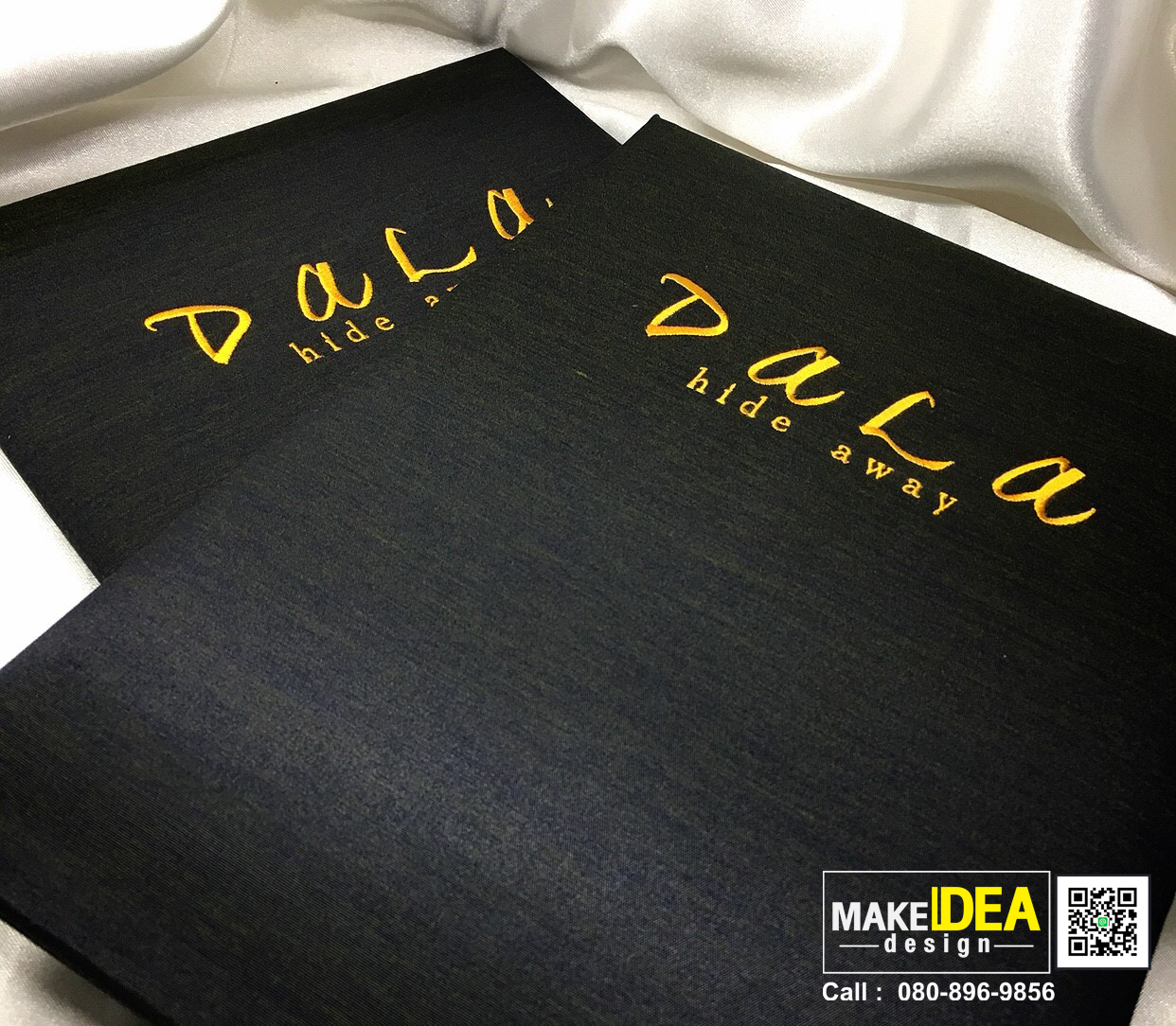 ปกผ้าไหมใส่เมนูอาหาร เป็นงานปักด้ายทอง DALA hide away