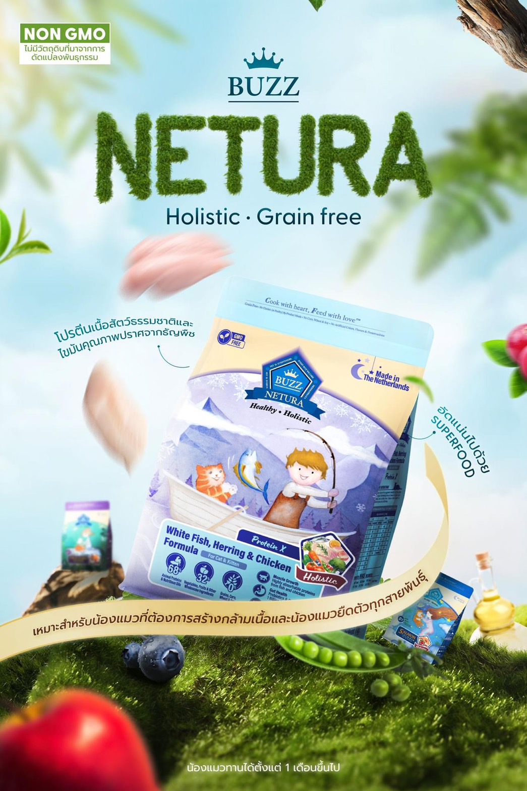 Buzz Holistic แม่และลูกแมว ปลาเนื้อขาว ปลาแฮริ่งและเนื้อไก่ 1 Kg