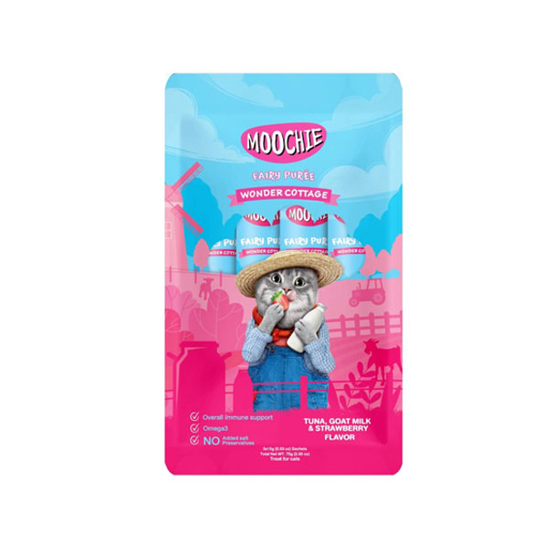 Moochie แมวเลีย ทูน่านมแพะและสตรอเบอรี่ 15gx5