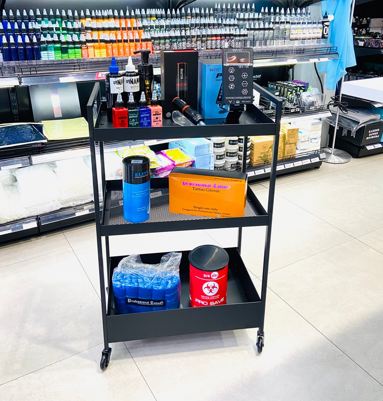 Professional Tattoo ชั้นวางอุปกรณ์สัก 3ชั้น ขนาดกระทัดรัด พกพาสะดวก สีดำ