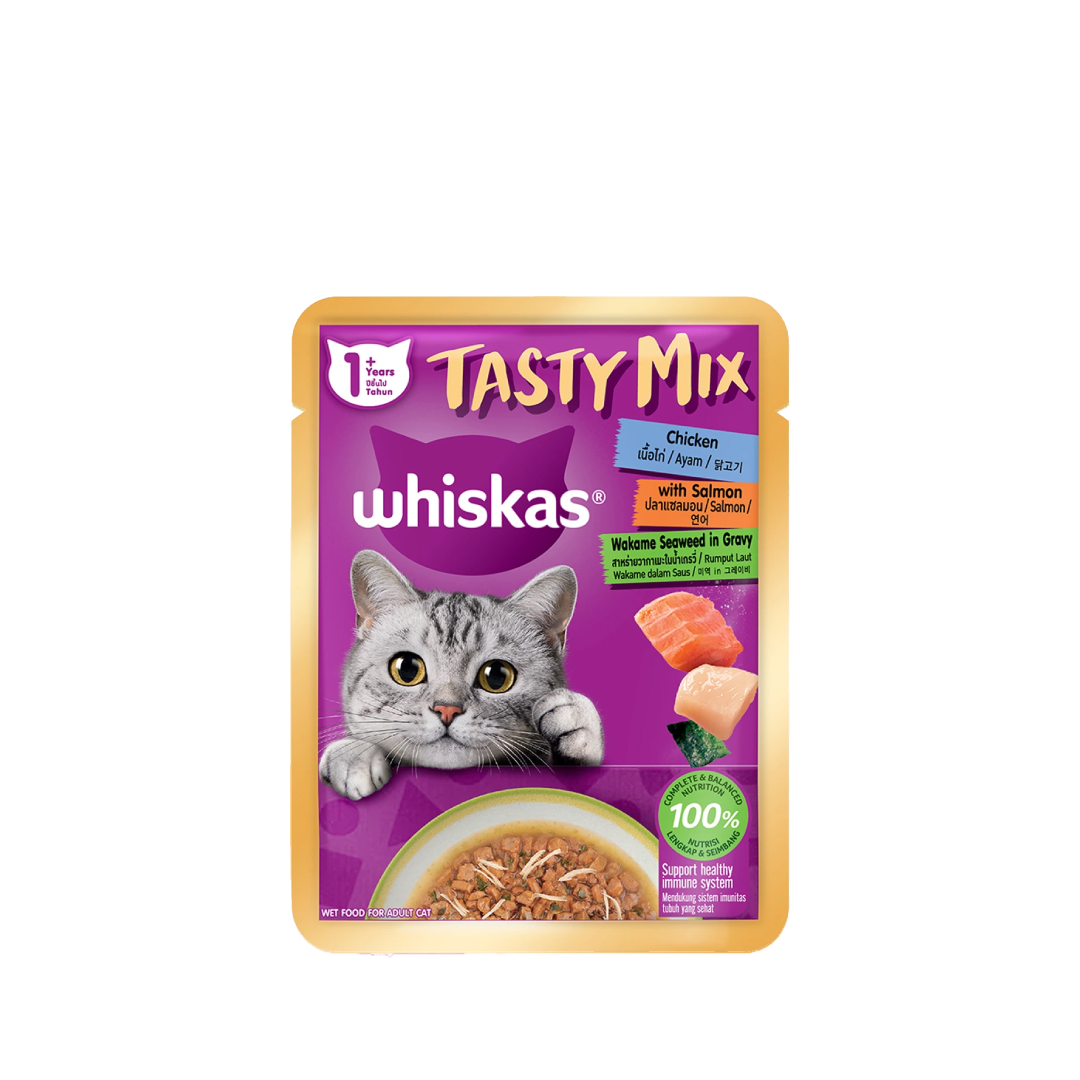 W/K Tasty Mix T1 เนื้อไก่+ปลาแซลมอน+สาหร่ายวากาเมะในน้ำเกรวี่ 70g.