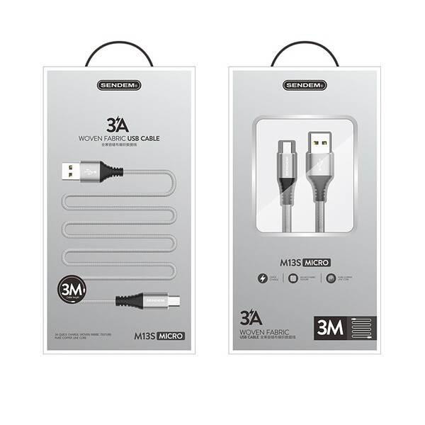 สายชาร์จ 3 เมตร Sendem M13S ชาร์จเร็ว 3A WOVEN FABRIC USB CABLE ประกันศูนย์ 1 ปี