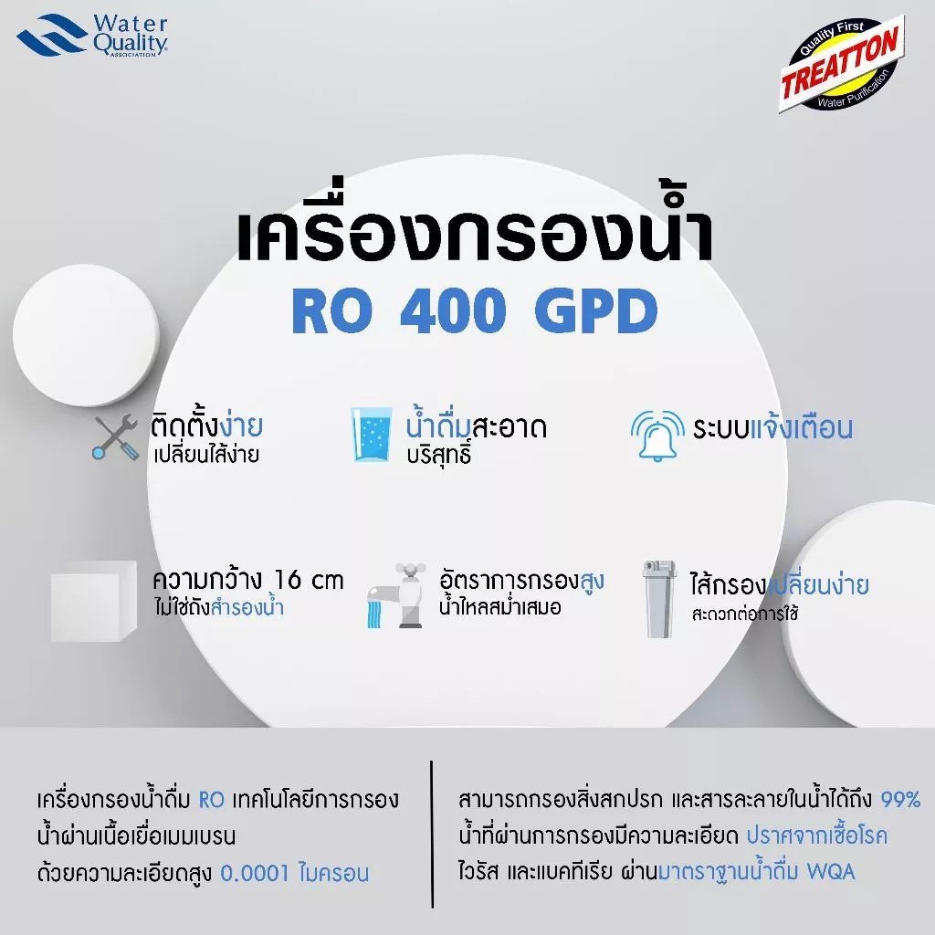 เครื่องกรอง RO (รีเวิร์สออสโมซิส) 400 gpd ระบบกรองน้ำดื่ม 4 ขั้นตอน 1. PP (โพลีโพรพิลีน)2. CTO (คาร์บอนอัดแท่ง)3. RO (รีเวิสออสโมชีส)4. PCB (โพสต์คาร์บอน)