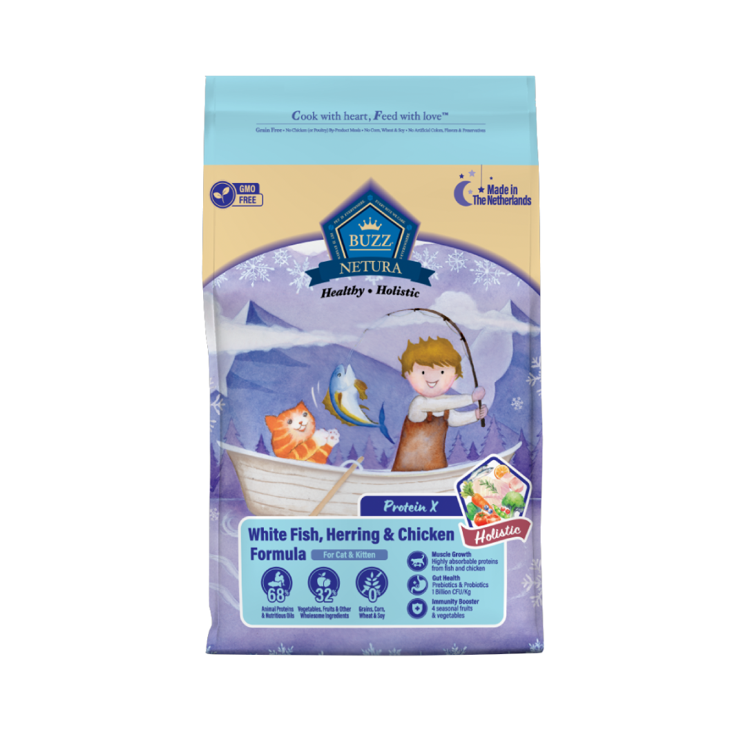 Buzz Holistic แม่และลูกแมว ปลาเนื้อขาว ปลาแฮริ่งและเนื้อไก่ 4 Kg
