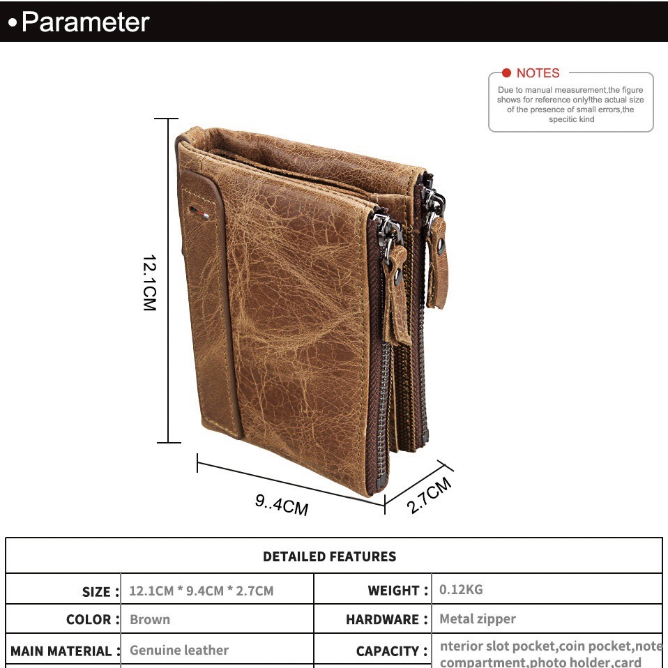 For You Leather กระเป๋าสตางค์ หนังแท้ ใบสั้น ซิบคู่ รุ่นWL03 สีน้ำตาล WL03