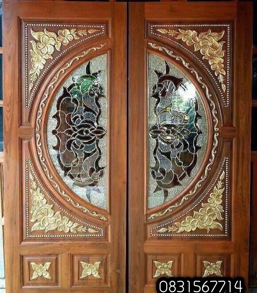 ประตูไม้สักกระจกนิรภัยบานคู่