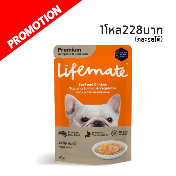 Life Mate DW4 เนื้อวัวและไก่หน้าแซลมอนและผักในเยลลี่ 70 กรัม