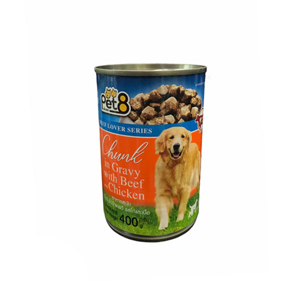 Pet8 CF13 เนื้อวัวและเนื้อไก่ชิ้นในน้ำเกรวี่ 400 กรัม