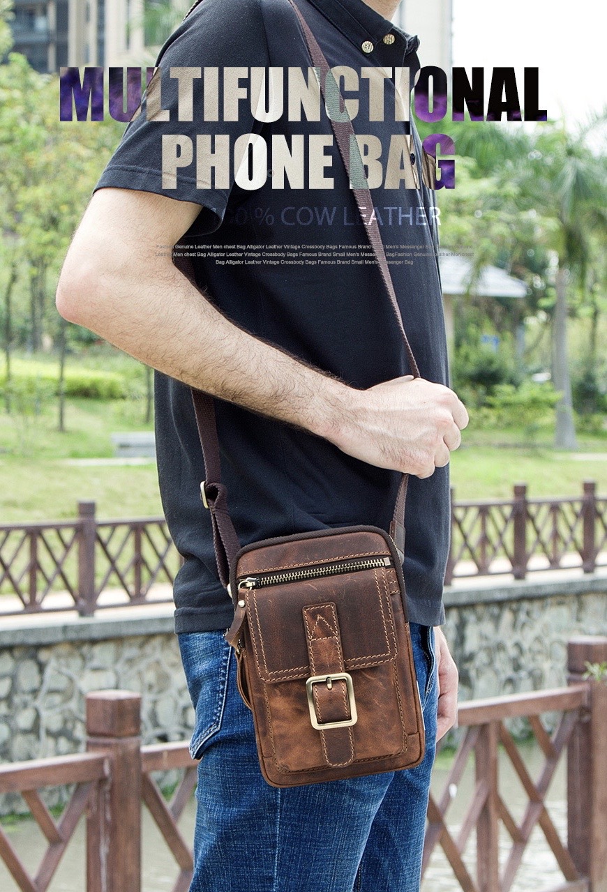 For You Leather LB59 กระเป๋าสะพาย ผู้ชาย หนังแท้ คาดเข็มขัดได้ ขนาดกะทัดรัด เกรดพรีเมี่ยม (น้ำตาล) LB59