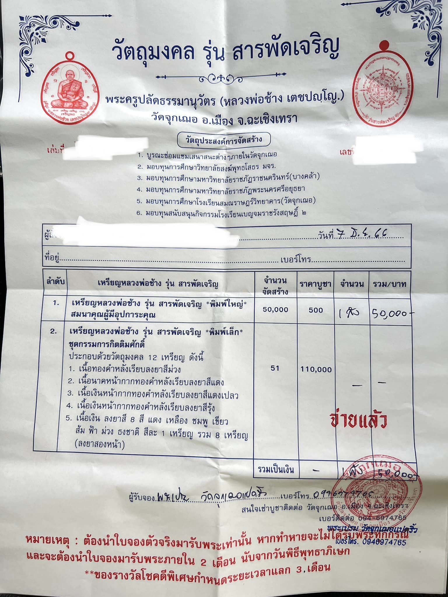 รุ่น สารพัดเจริญ หลวงพ่อช้าง วัดจุกเฌอแปดริ้ว