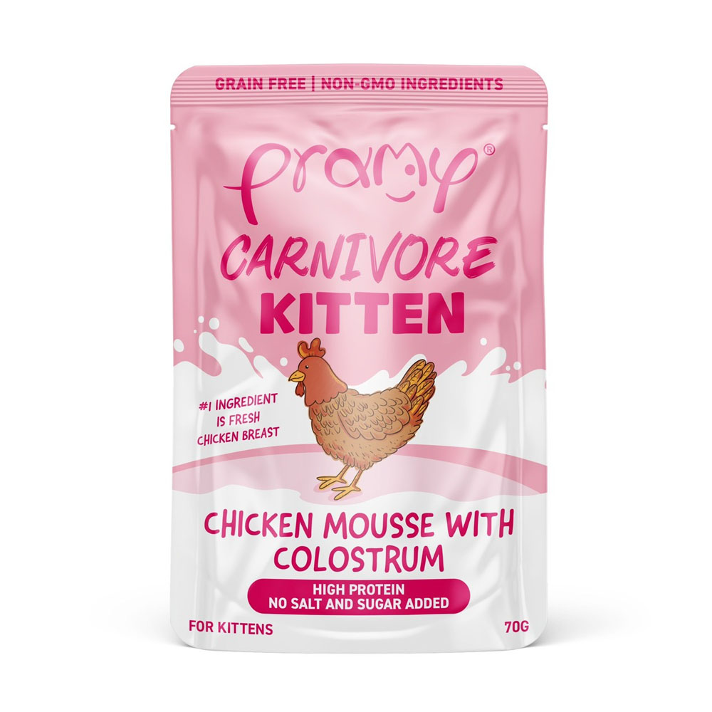 Pramy Carnivore CV10 ลูกแมวไก่มูสกับนมน้ำเหลือง 70 กรัม