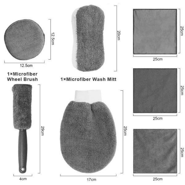 ชุดผ้าทำความสะอาดรถยนต์ เซ็ท 9 ชิ้น ฟองน้ำ ผ้าไมโครไฟเบอร์ เช็ดรถและกระจก ฟองน้ำลงแว๊กซ์ แปรงผ้าขัดล้อ