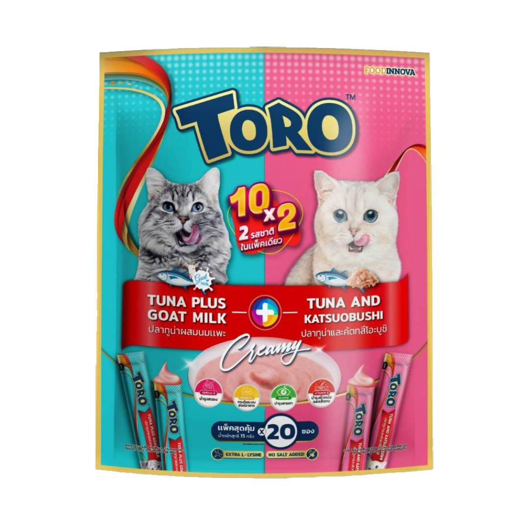 Toro แมวเลีย - ปลาทูน่าผสมนมแพะ + ปลาทูน่าและคัตทสึโอะบูชิ 15 กรัม **แพค 20 ซอง