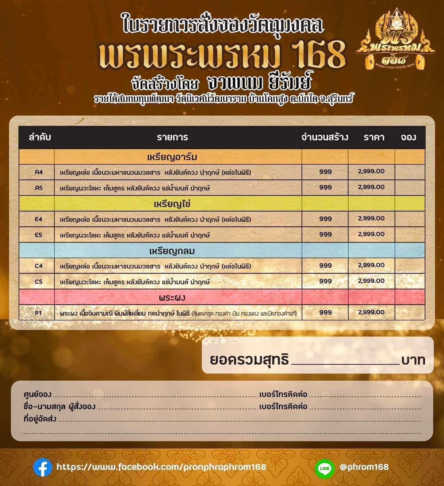 พรพระพรหม168 วัตถุมงคล เนื้อทองแดง/ทองทิพย์ พิมพ์ กลม/ใข่(มีพร้อมส่ง)