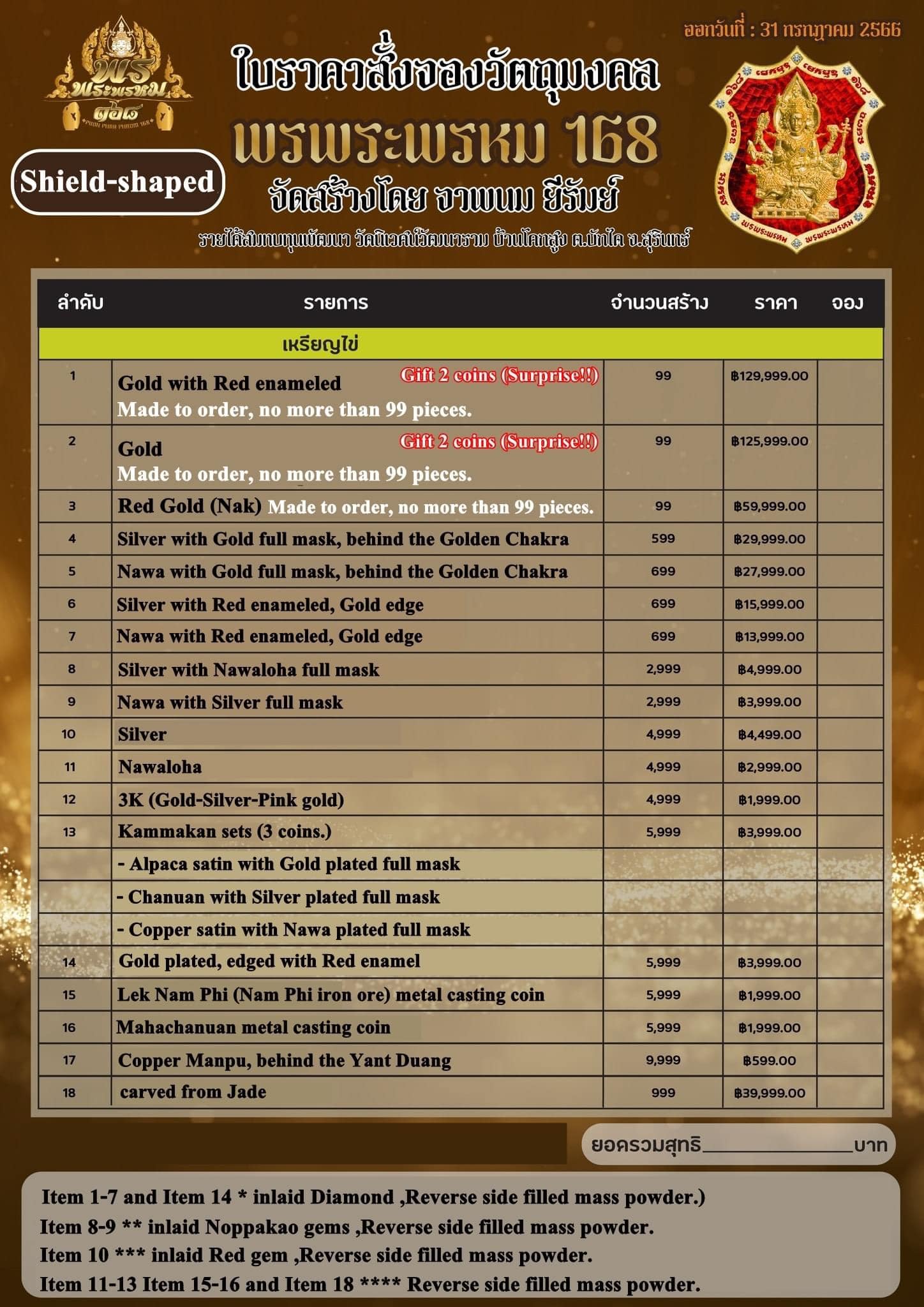 พรพระพรหม168 วัตถุมงคล เนื้อทองแดง/ทองทิพย์ พิมพ์ กลม/ใข่(มีพร้อมส่ง)