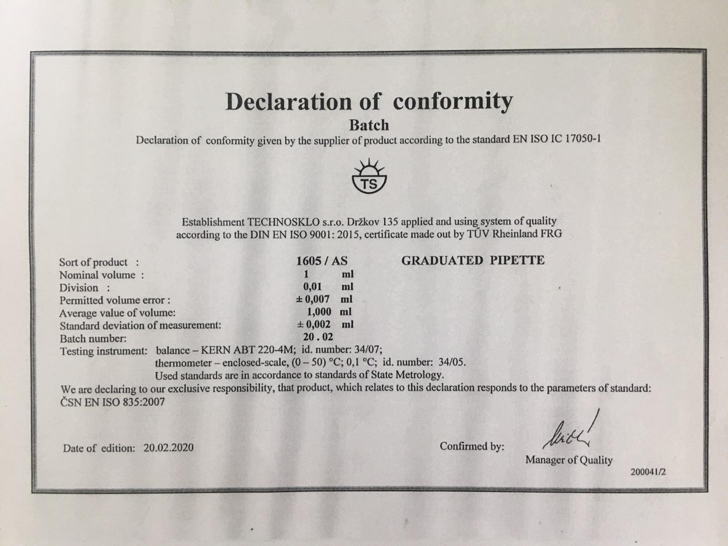 ปิเปตแก้วมีขีดปริมาตร 1 ml Graduated Pipette Class AS "Qualicolor" Czech