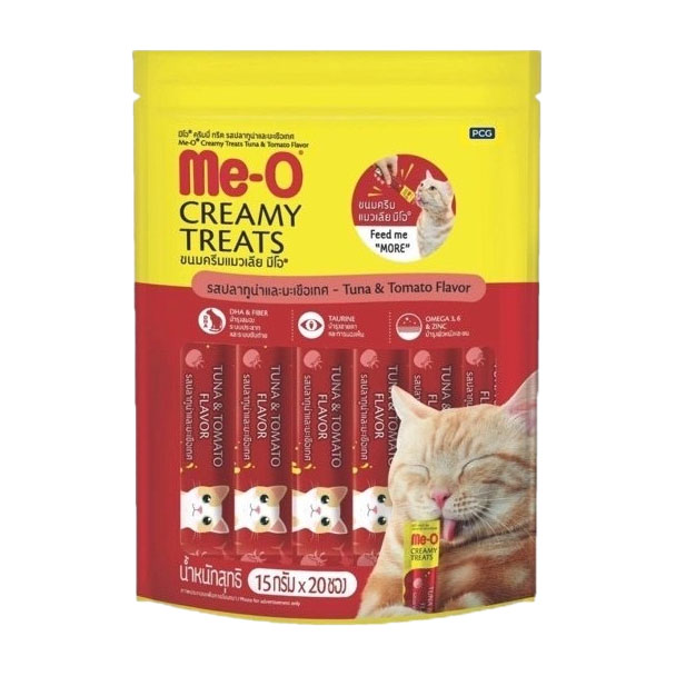 Me-O ครีมมี่ทรีต รสปลาทูน่าและมะเขือเทศ 15g 20 ชิ้น