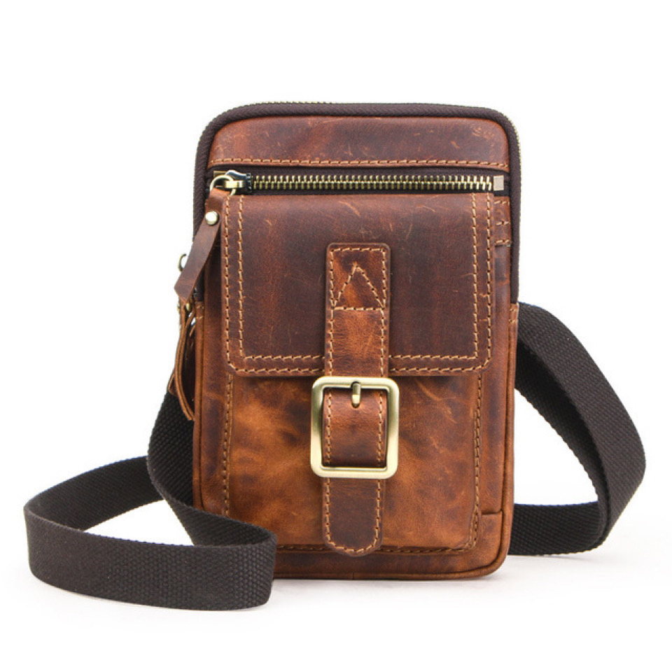 For You Leather LB59 กระเป๋าสะพาย ผู้ชาย หนังแท้ คาดเข็มขัดได้ ขนาดกะทัดรัด เกรดพรีเมี่ยม (น้ำตาล) LB59