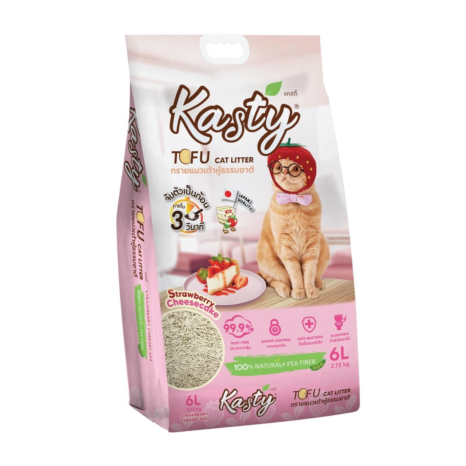 Kasty ทรายเต้าหู้ธรรมชาติ กลิ่นสตรอเบอร์รี่ ชีสเค้ก 6 ลิตร 2.72 Kg