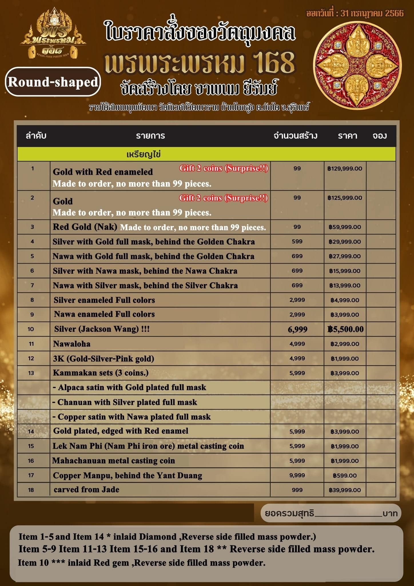 พรพระพรหม168 วัตถุมงคล เนื้อทองแดง/ทองทิพย์ พิมพ์ กลม/ใข่(มีพร้อมส่ง)