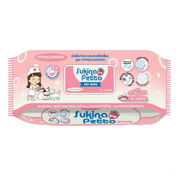 Sukina Petto Pet Wipe ผ้าเช็ดทำความสะอาดสัตว์เลี้ยง (อ่อนโยน hypo) 70 แผ่น