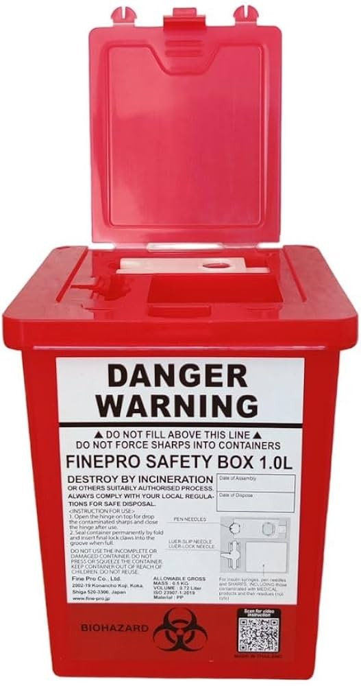 ถังทิ้งเข็มกล่องแดงสี่เหลี่ยมFinepro Safety Box ถังทิ้งเข็มกล่องแดงสี่เหลี่ยมFinepro Safety Box