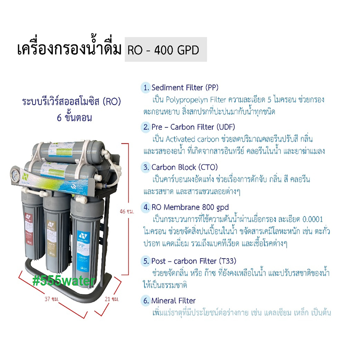 เครื่องกรอง RO (รีเวิร์สออสโมซิส) 400 gpd เฟรมตั้ง แบรนด์ Hydromax ระบบกรองน้ำดื่ม 6 ขั้นตอน 1. PP (โพลีโพรพิลีน)2. CTO (คาร์บอนอัดแท่ง)3. GAC (คาร์บอนเกร็ด)4. RO (รีเวิสออสโมชีส)5. PCB (โพสต์คาร์บอน)6. Mineral (หินแร่)