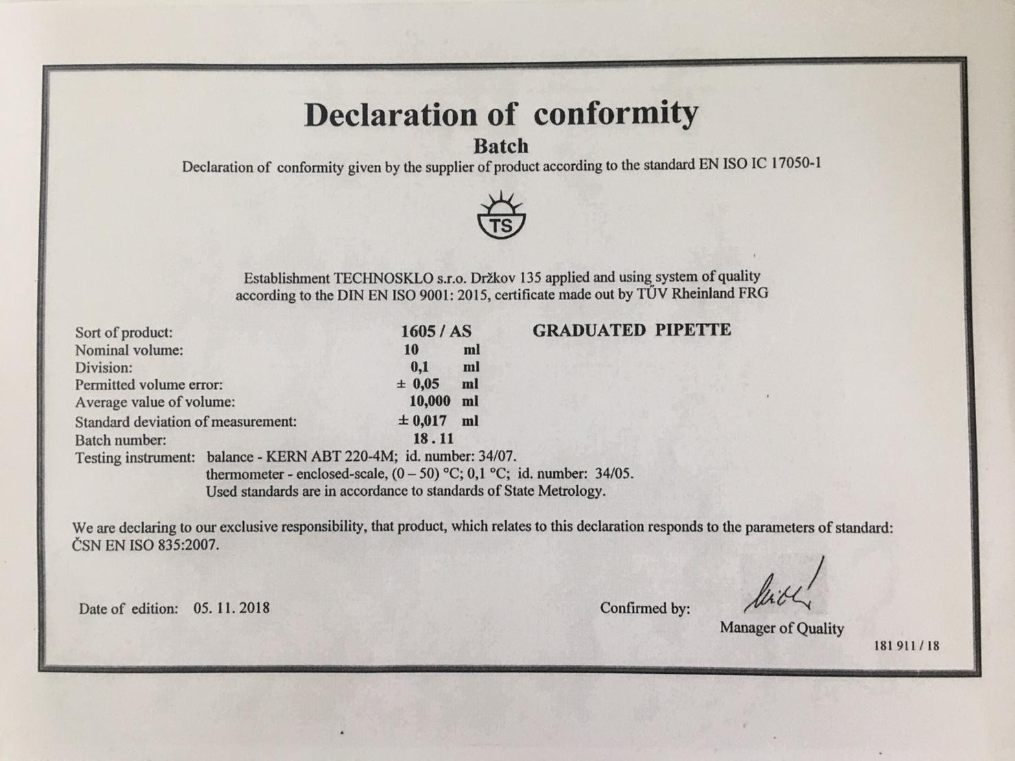 ปิเปตแก้วมีขีดปริมาตร 10 ml Graduated Pipette Class AS "Qualicolor" Czech