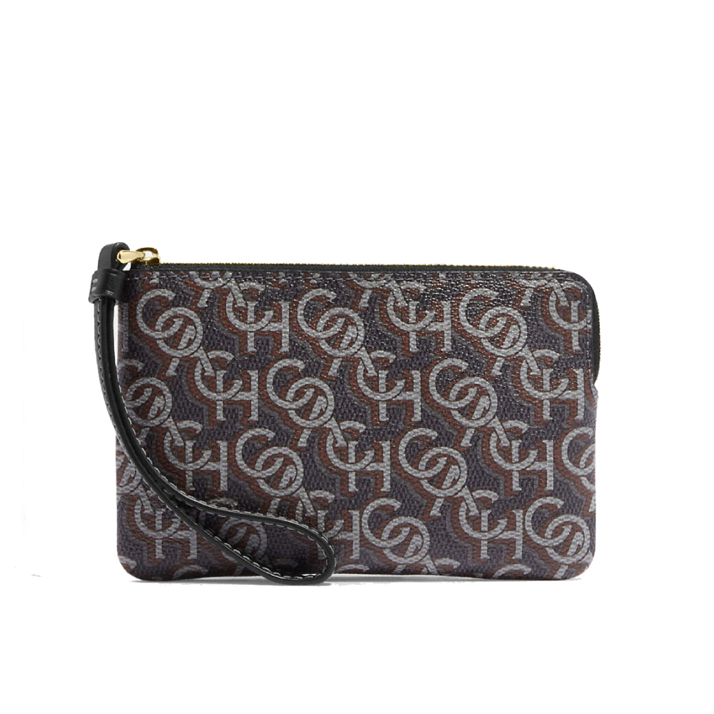 กระเป๋าคล้องมือ COACH CF548 CORNER ZIP WRISTLET WITH SIGNATURE MONOGRAM PRINT (IMBLK) [CF548IMBLK]