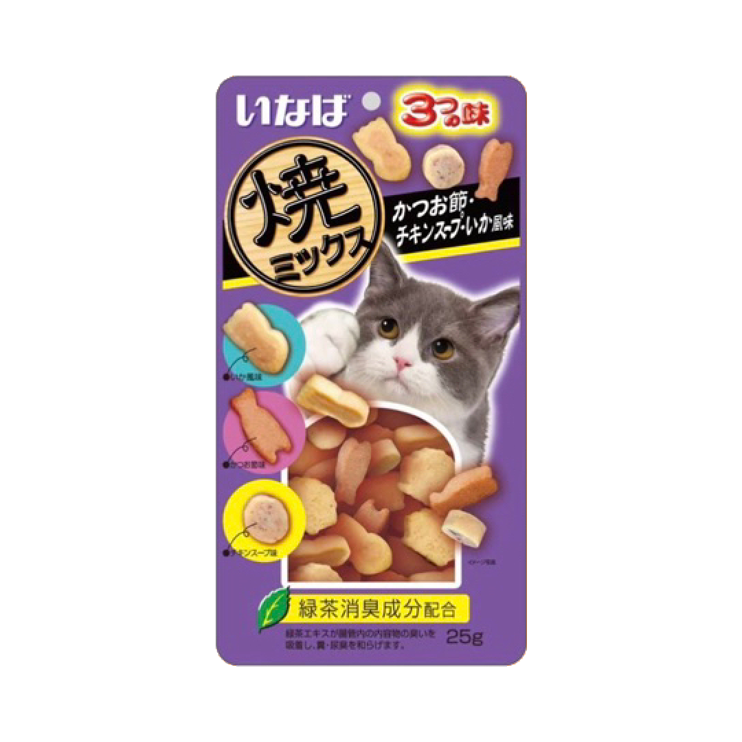 Inaba Soft Bite ทูน่า+ไก่+ปลาโอแห้ง น้ำซุปไก่ รสปลาหมึก 25 g.