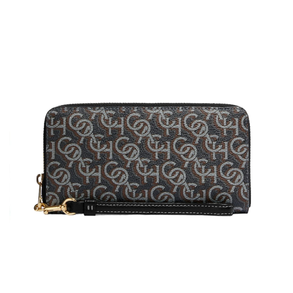 กระเป๋าคล้องมือ COACH CF521 LONG ZIP AROUND WALLET WITH SIGNATURE MONOGRAM PRINT (IMBLK) [CF521IMBLK]