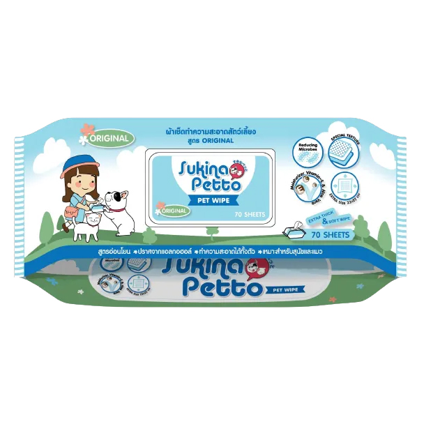 Sukina Petto Pet Wipes(ออริจินัล original) ผ้าเช็ดทำความสะอาดสัตว์เลี้ยง 70 แผ่น