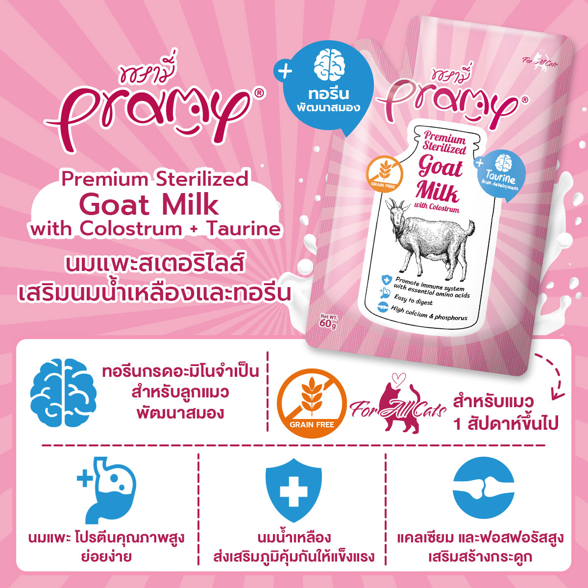 Pramy นมแพะ เสริมโคลอสตุ้มและทอรีน 60 กรัม (สำหรับแมว)