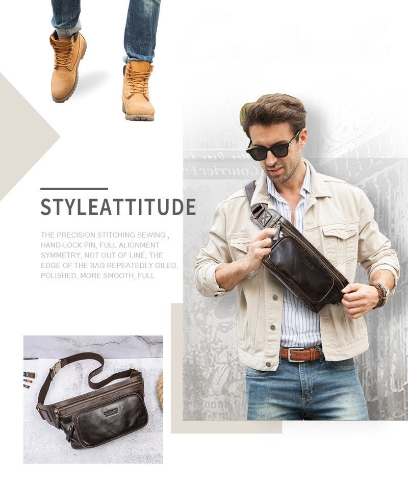 For You Leather LB33 กระเป๋าคาดเอว/คาดอก กระเป๋าผู้ชาย กระเป๋าหนังแท้ (สีกาแฟ) LB33