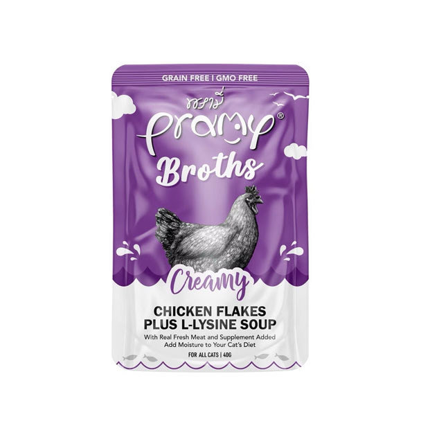 Pramy CS1 Broths Creamy ครีมมี่ซุป กับไก่ฉีกเสริมแอลไลซีน 40 กรัม