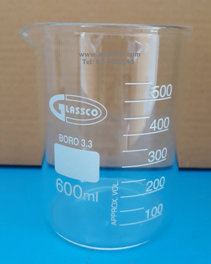 บีกเกอร์แก้วทรงเตี้ย 600 ml Beaker low-form "Glassco" UK