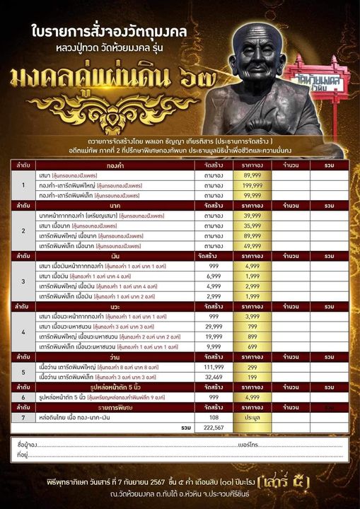 หลวงพ่อทวด วัดห้วยมงคล รุ่น มงคลคู่แผ่นดิน67(ปลุกเสก7กันยายน67)