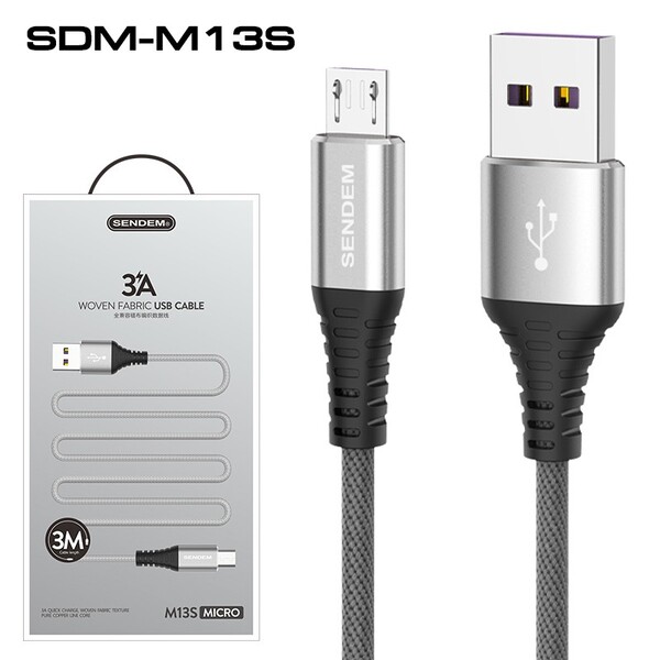 สายชาร์จ 3 เมตร Sendem M13S ชาร์จเร็ว 3A WOVEN FABRIC USB CABLE ประกันศูนย์ 1 ปี