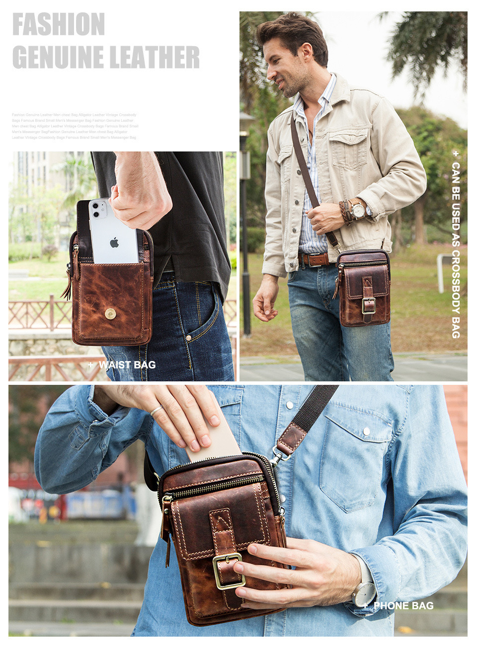 For You Leather LB59 กระเป๋าสะพาย ผู้ชาย หนังแท้ คาดเข็มขัดได้ ขนาดกะทัดรัด เกรดพรีเมี่ยม (น้ำตาล) LB59