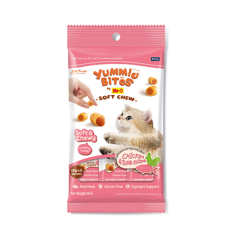 Me-O Yummie Bite ซอฟต์ชูว์ รสไก่และปลาทูน่าคัตสึโอะ 30 กรัม