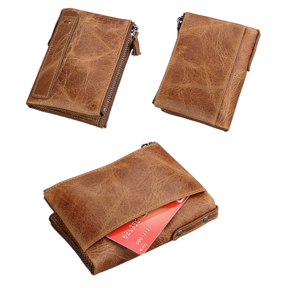 For You Leather กระเป๋าสตางค์ หนังแท้ ใบสั้น ซิบคู่ รุ่นWL03 สีน้ำตาล WL03