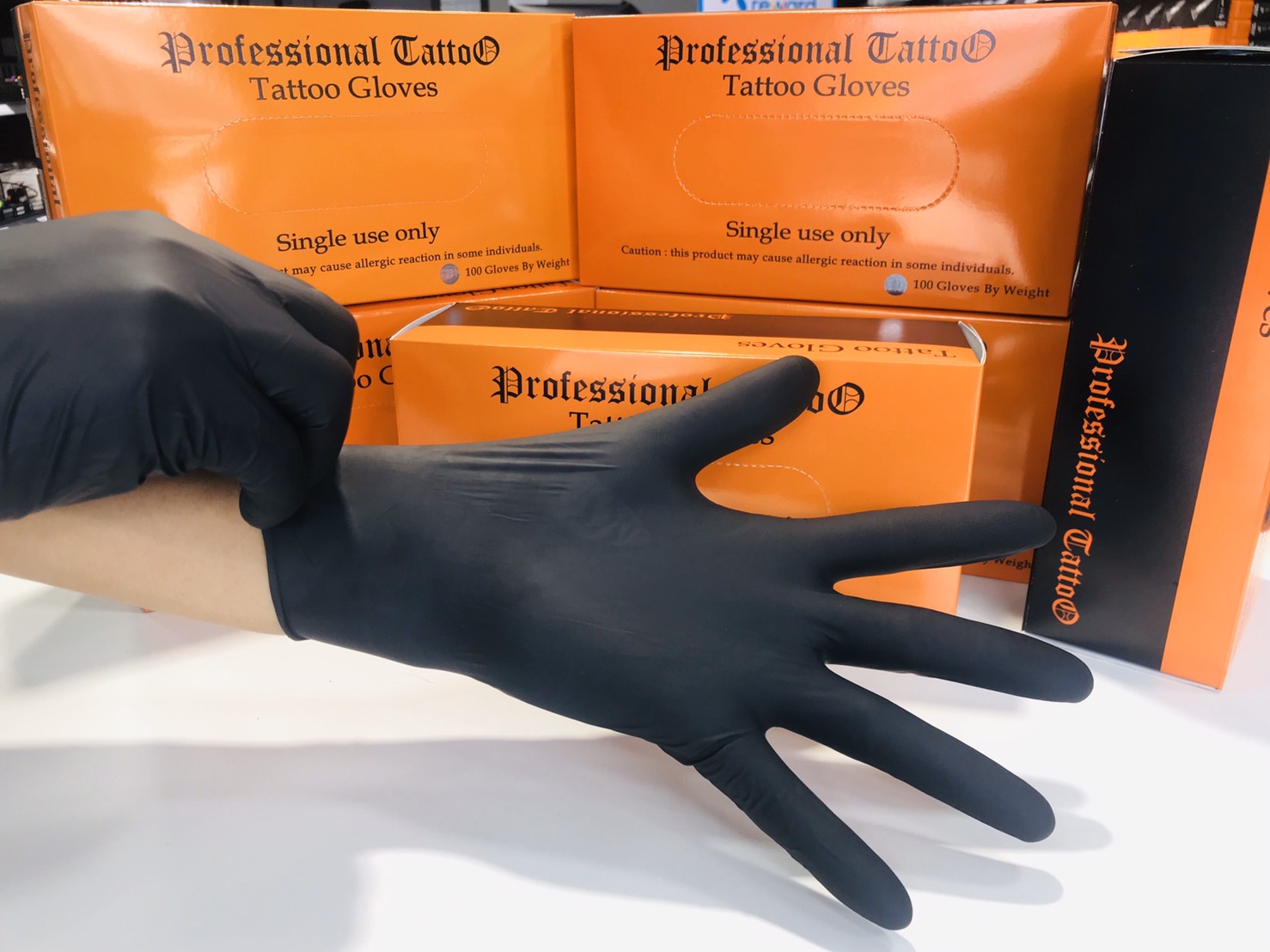 Professional Tattoo ถุงมือยางไนไตร Tattoo Gloves Professional Tattoo กล่องส้ม BLACK S , M , L