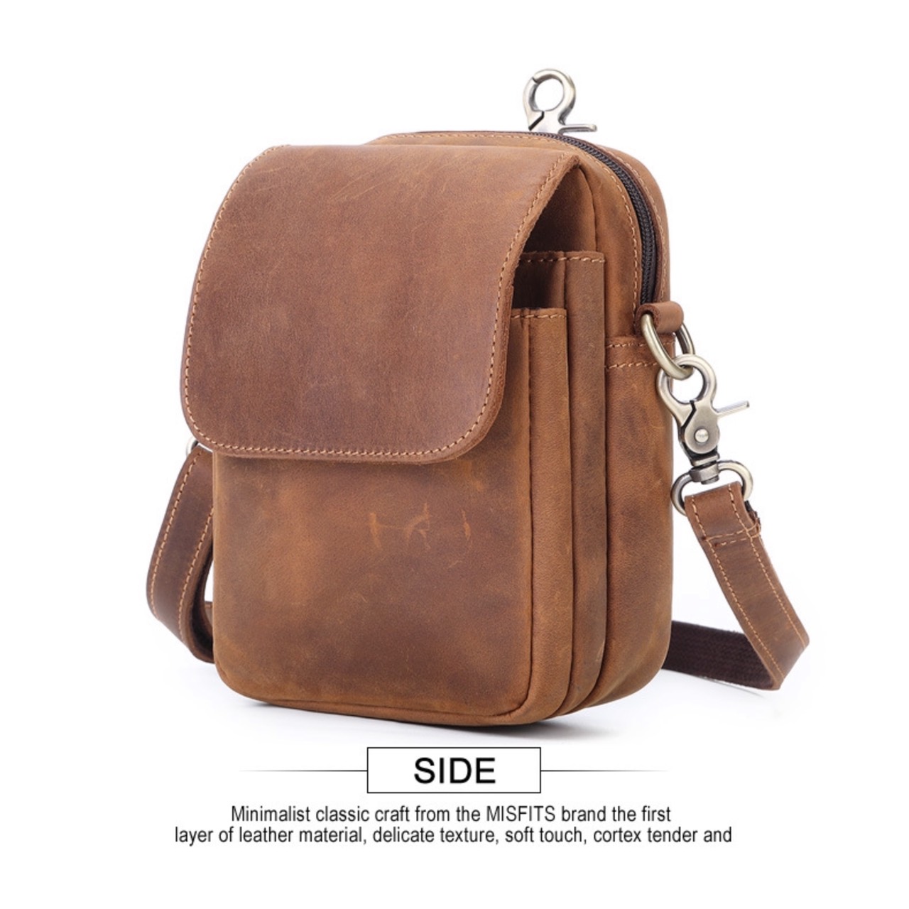 For You Leather LB47 กระเป๋าสะพายข้างผู้ชาย หนังแท้ ใบเล็ก กระเป๋าคาดเอว ร้อยเข็มขัด ค้องหูกางเกง (น้ำตาล) LB47