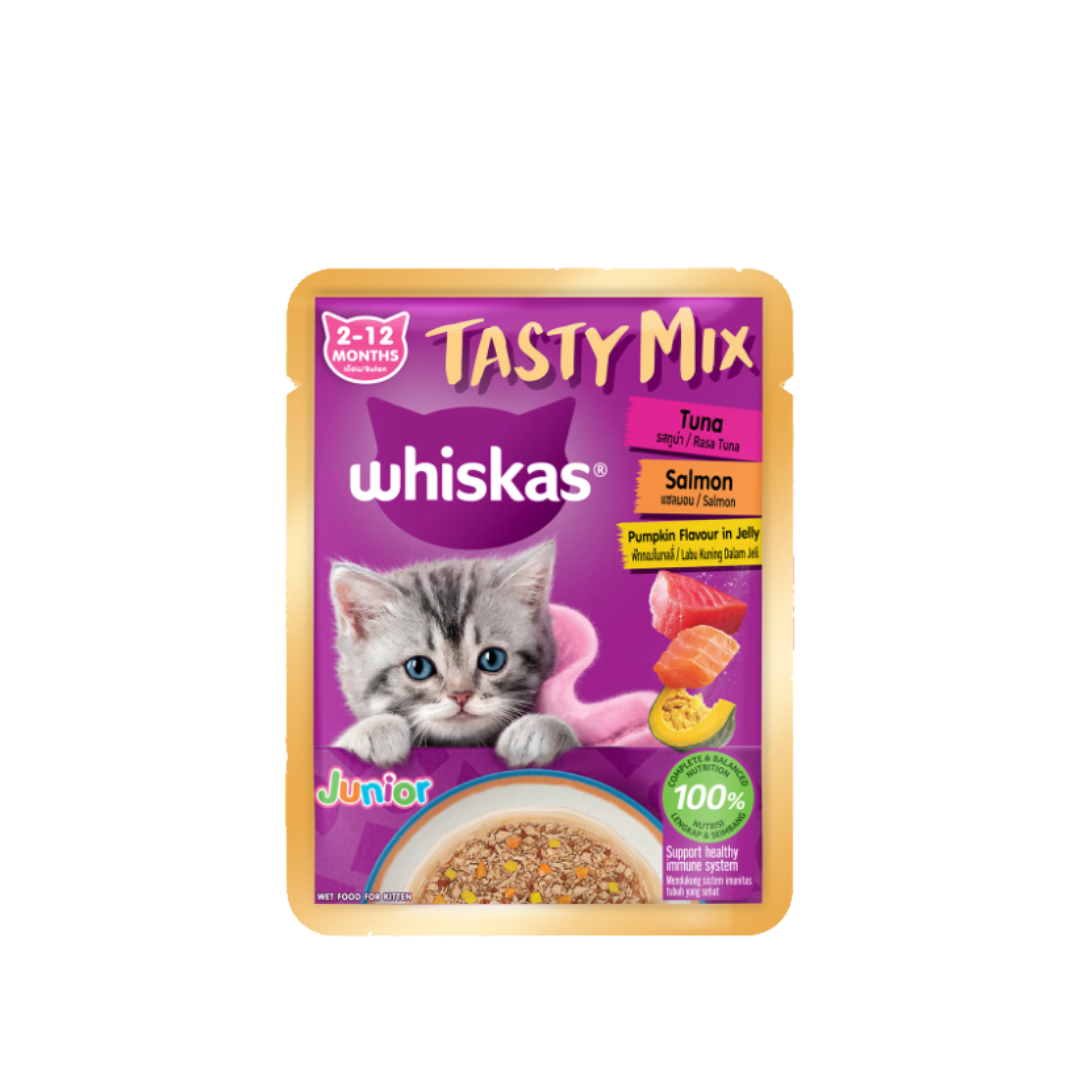 W/K Tasty Mix TJ6 ทูน่า+แซลมอนและฟักทองในเจลลี่ 70g.(ชมพูเข้ม)