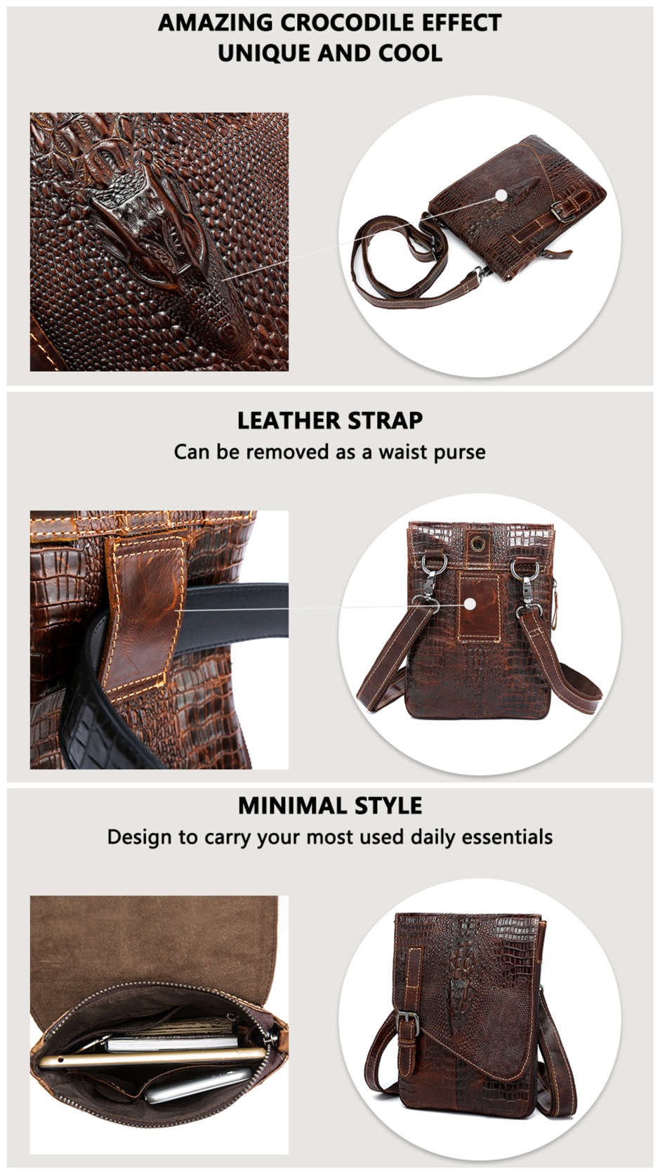 For You Leather LB66 กระเป๋าสะพายไหล่ใบเล็ก หรือ กระเป๋าคาดเอวร้อยเข็มขัด กระเป๋าหนังแท้ ลายหนังจระเข้ (สีน้ำตาล) LB66