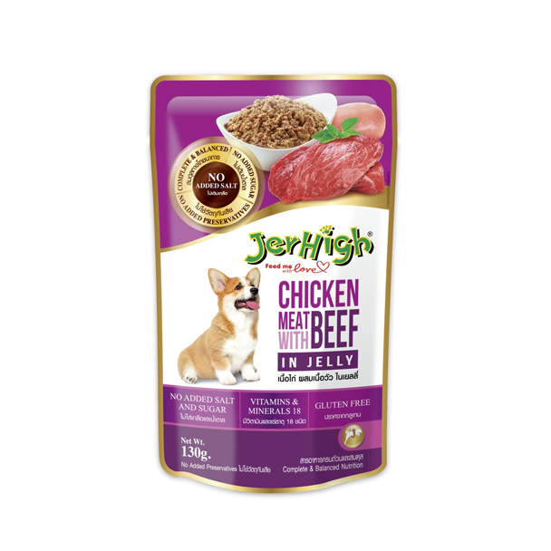 Jerhigh เนื้อไก่ผสมเนื้อวัวในเยลลี่ 130 กรัม ม่วง